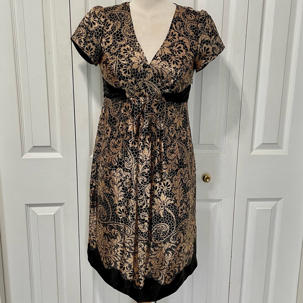 Mimi Maternity 100% Silk Black and Gold Midi Dress